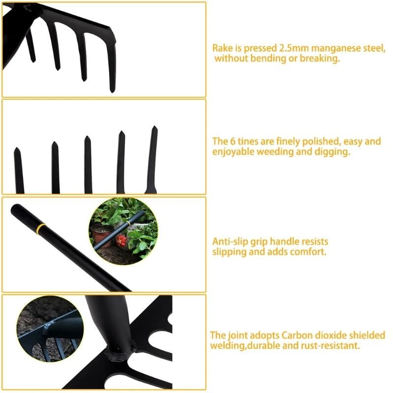 

E74E Comfortable and for Sharp Garden Hand Rake 6 Tines Durable Garden Tool Metal Set Durable Small Tiller Tools