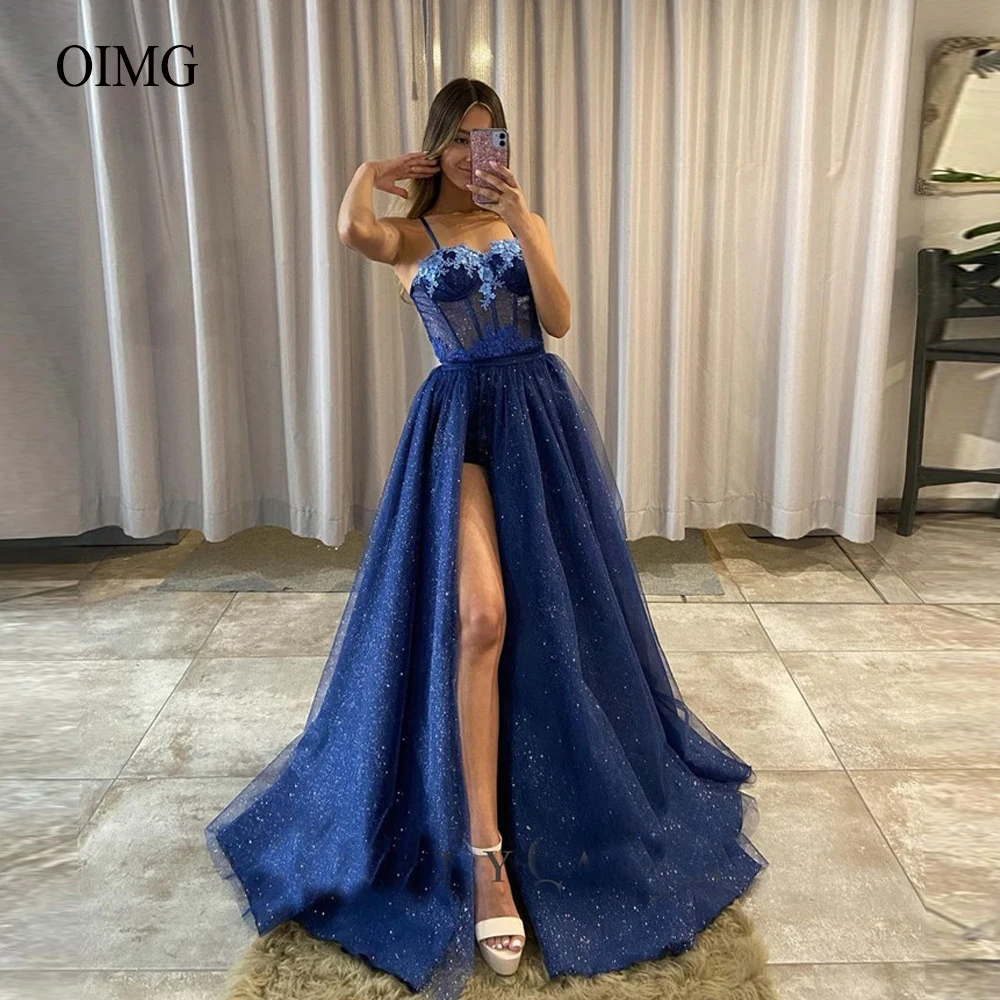 OIMG Sparkly Navy Blue Long Evening Dresses Two Pieces Prom Gowns With Short Pant Lace Applique Spaghetti Straps Party Dresses