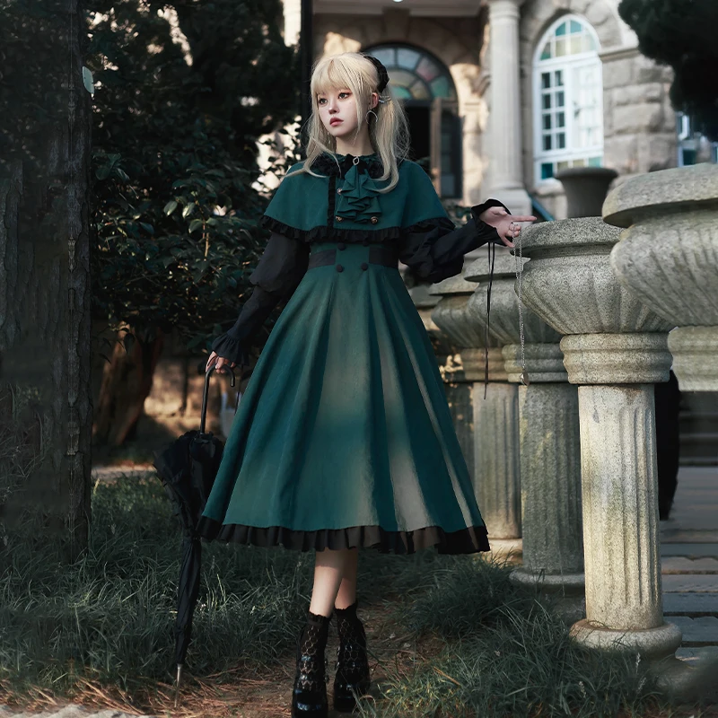 [Magic Medicine Academy OP]design, Cla black green contrasting op cape 2-piece set, Lolita autumn