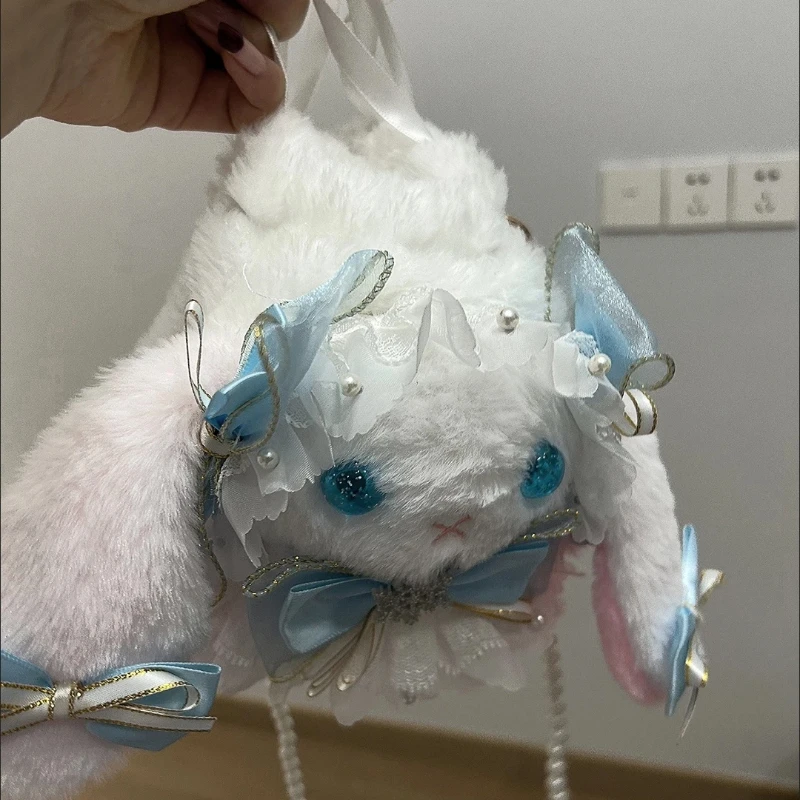 اليابانية لوليتا أرنب حقيبة ألعاب من نسيج مخملي لطيف قلادة دمية فتاة لعبة حقيبة كروسبودي اللؤلؤ سلسلة أرنب شفاء لينة لطيف دمية حقيبة