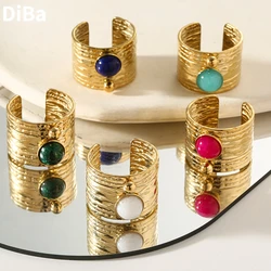 Fashion Jewelry Vintage Temperament Design Colorful Stone Metal Open Wide Rings For Women Party Gifts Hip Hop Accessories