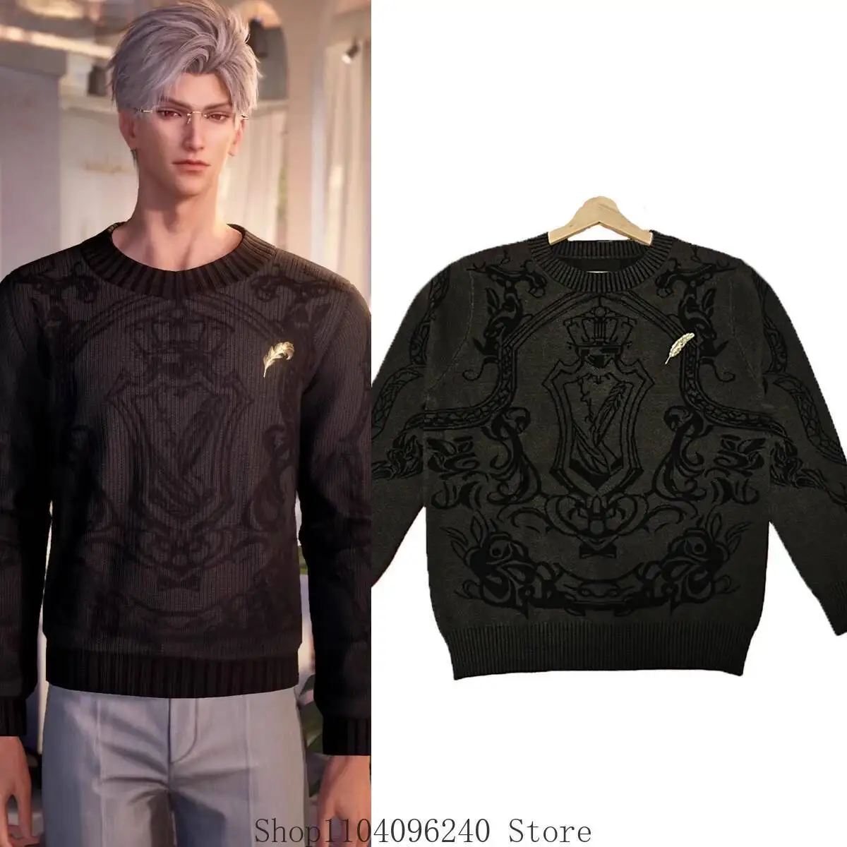 أنيمي لعبة الحب والعميق سيلوس أنيمي جولة الرقبة أسود طويل الأكمام محبوك سترة بروش أعلى تأثيري حلي