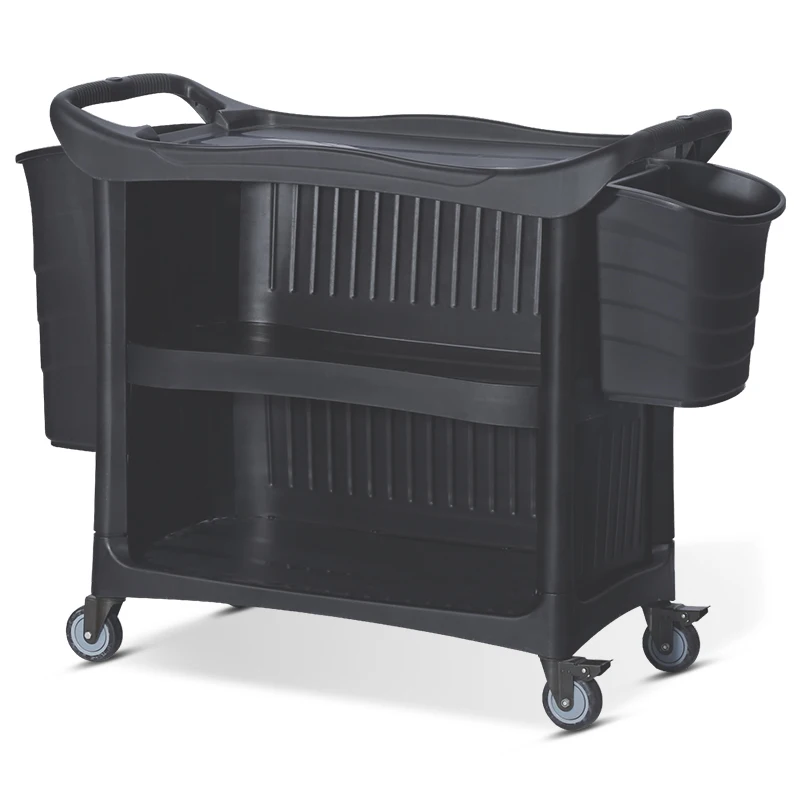 Deluxe Big Multifunctional Three-layer Utility Black Trolley Restaurant Hotel Cleaning Food Laundry Cart Service Cart