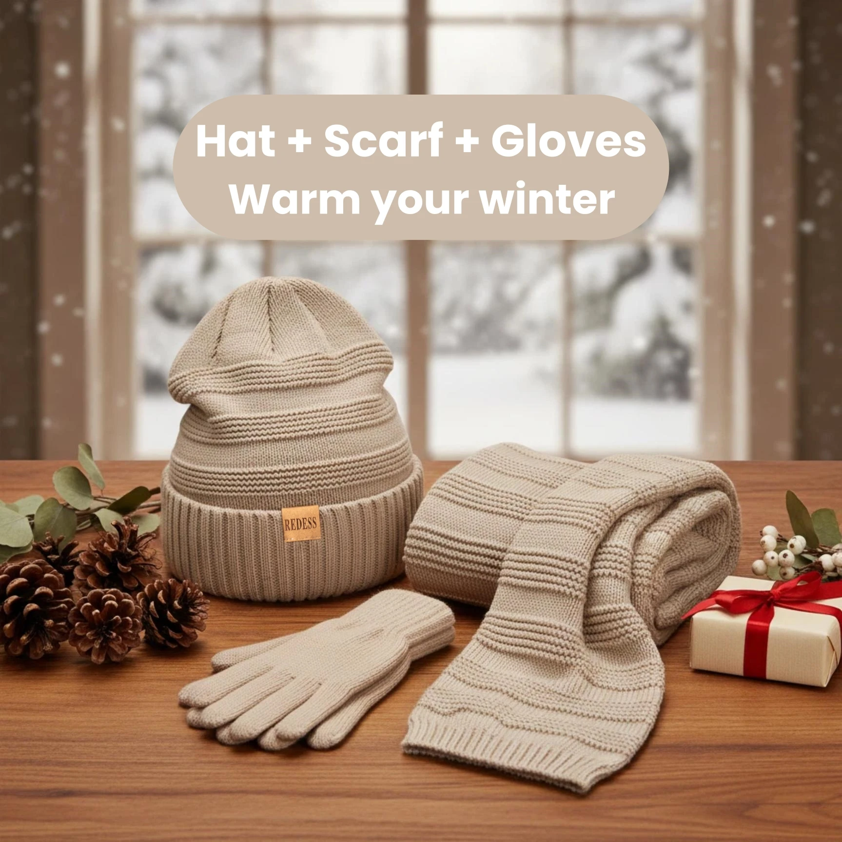 

Woman warm Winter 3-in-1 Set Fleece Lined Knitted Beanie Hat Striped Scarf Gloves Windproof Cold Weather Skiing Accessories