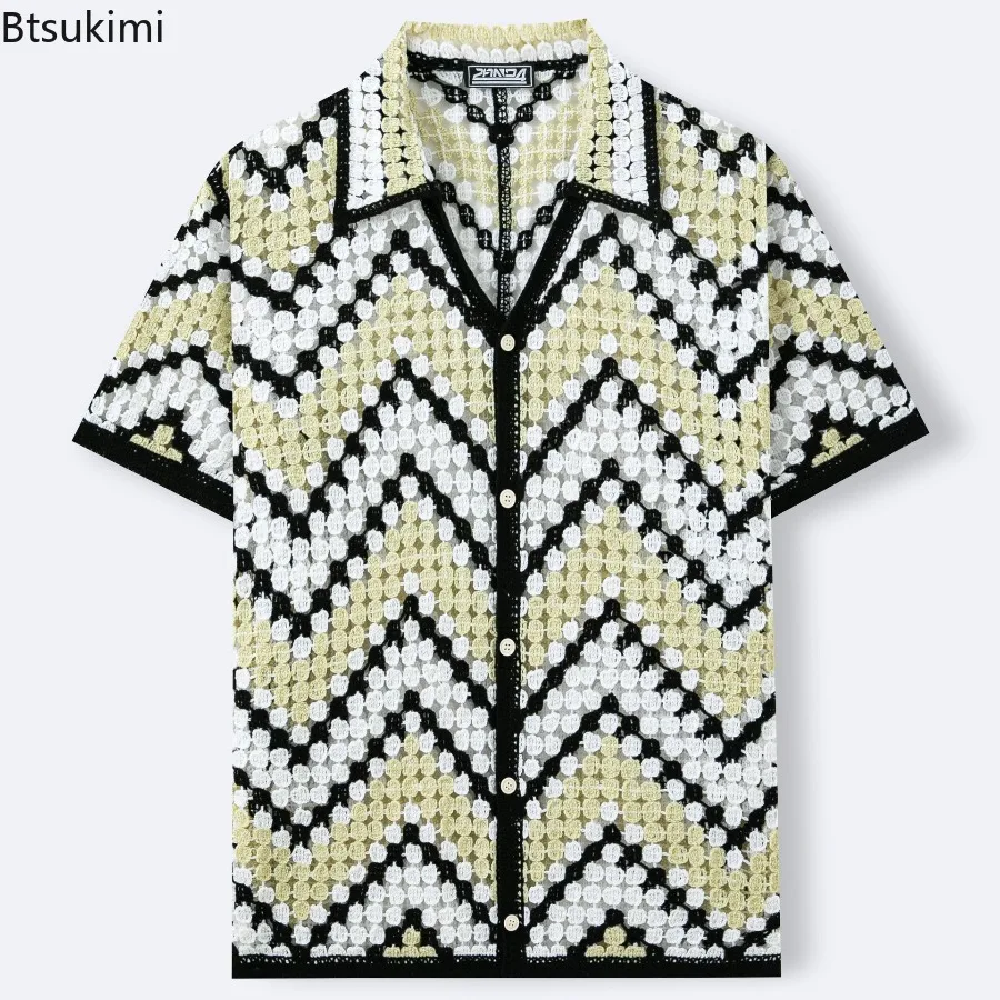 Men's Wave Striped Hook Flower Hollow Short Sleeve Knitted Shirt Ethnic Style Casual Loose Cardigan Summer Beach Vacation Top