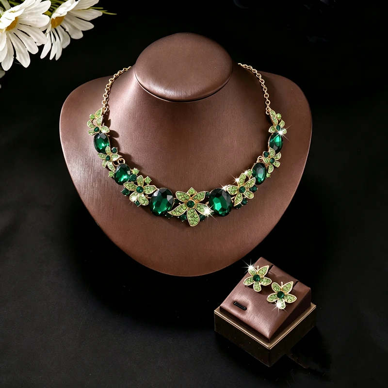 Heavy Industry Flower Leaf Necklace Earring Set for Women's Performance Dress Accessories Travel Photography Photo Set