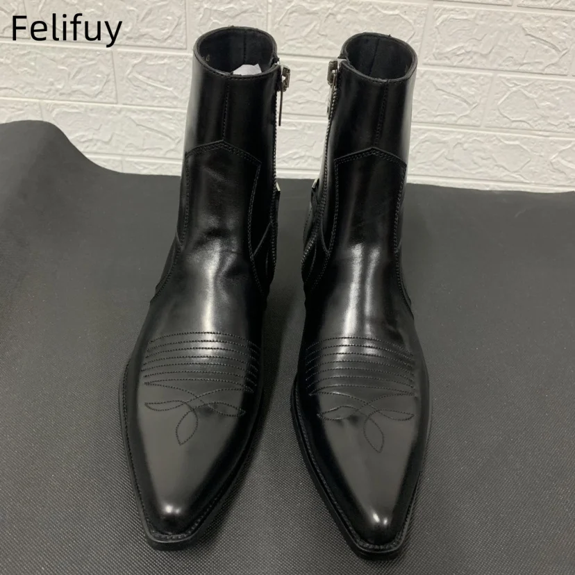 

Мужские ковбойские сапоги в стиле вестерн на массивном каблуке, черно-коричневые туфли с острым носком и вышивкой, мужские ботильоны, ботинки из натуральной кожи