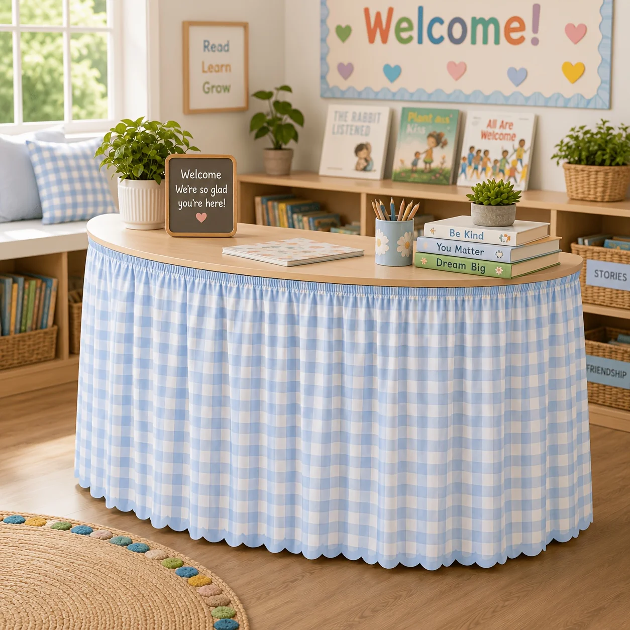 1 PC Blue Gingham Table Skirt, featuring a light blue and white checkered pattern themezyc