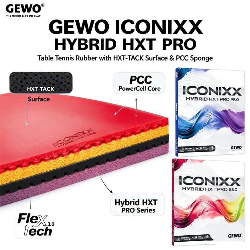 GEWO ICONIXX HYBRID HXT PRO 48/55 Table Tennis Rubber Sheet with PCC Tension Cake Sponge Slight-Tacky Pips-in Ping Pong Rubber