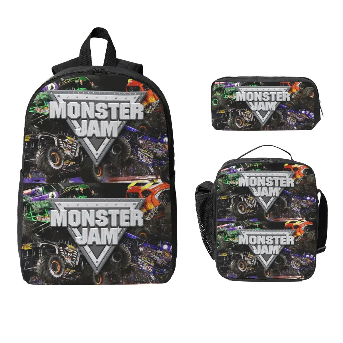 

Classic Monster Jam Pattern Backpack Boys Girls BookBag School Bag Laptop Shoulder Bags 3ps Insulated Lunch Bag Pencil Case