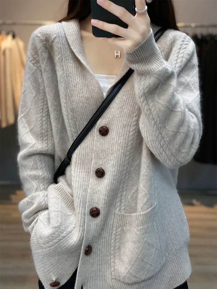 Autumn Winter High Quality Premium Knitted Cardigan Women\'s 100%Wool Cashmere Sweater V-neck Loose Large Size Coat Jacket Female