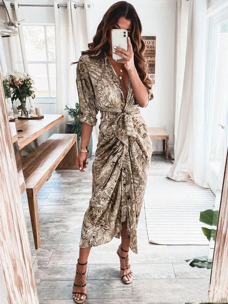 

2024 New Summer Bandage Shirt Women Fashion Button Ruched Dress Casual Short Sleeve Printed Dress Female Elegant Party Dress