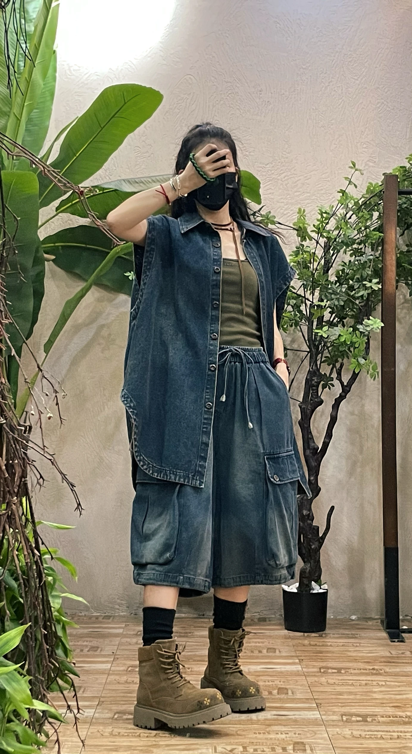 Gilet en jean rétro délavé pour femme, coupe ample mi-longue, bouton unique, col jaquet, vêtement d'extérieur, nouvelle collection automne