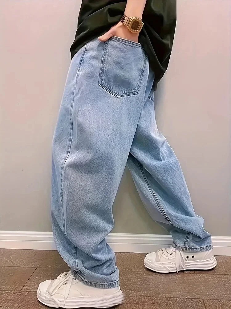 Y2k Oversizeแฟชั่นกางเกงยีนส์บุรุษหลวมตรงStreetwear Hip Hopกางเกงยีนส์ล้างอินเทรนด์กางเกงขากว้างLight Blue