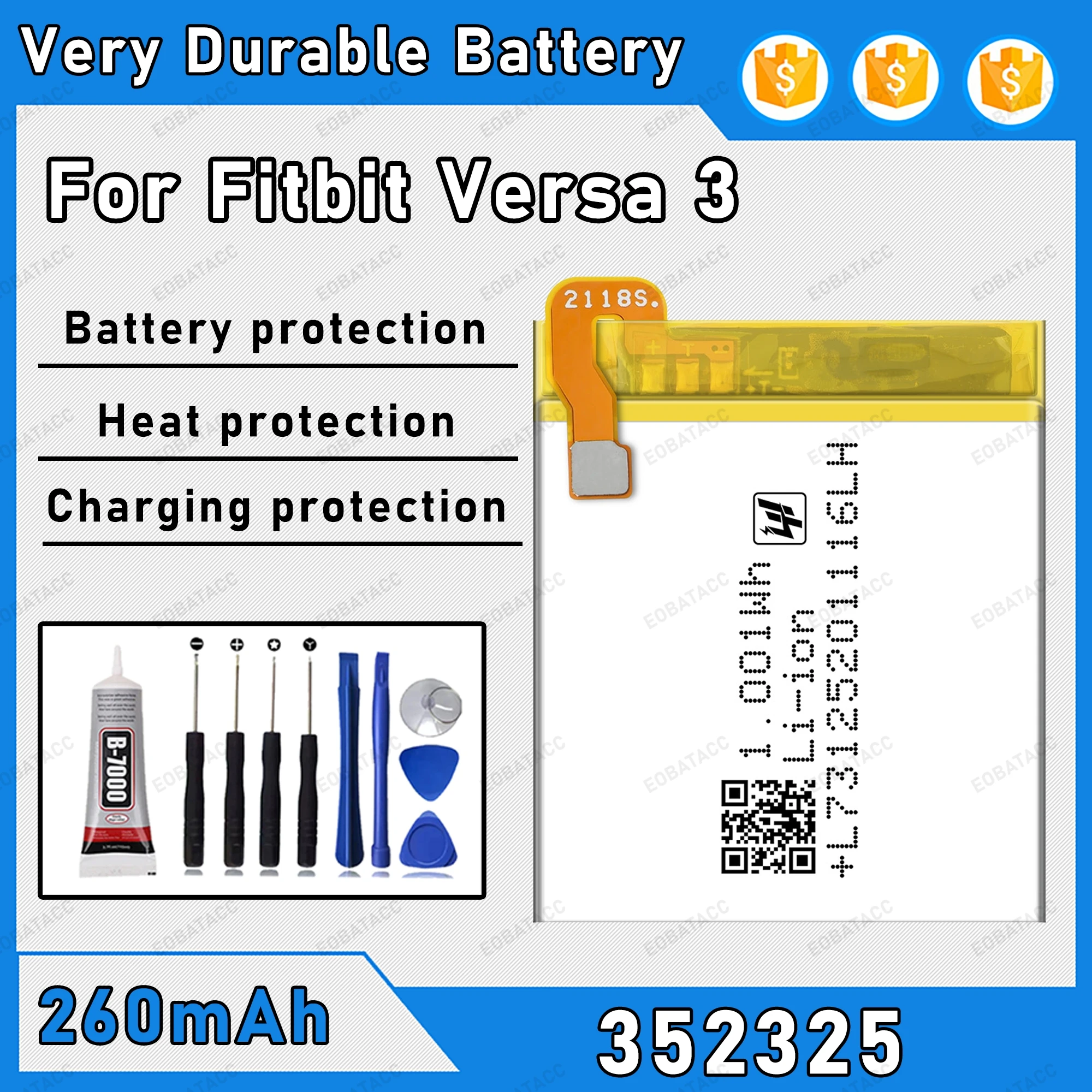 260 mAh 100 % neue 352325-Batterie für Fitbit Versa 3 Ersatzbatterie + kostenlose Werkzeuge