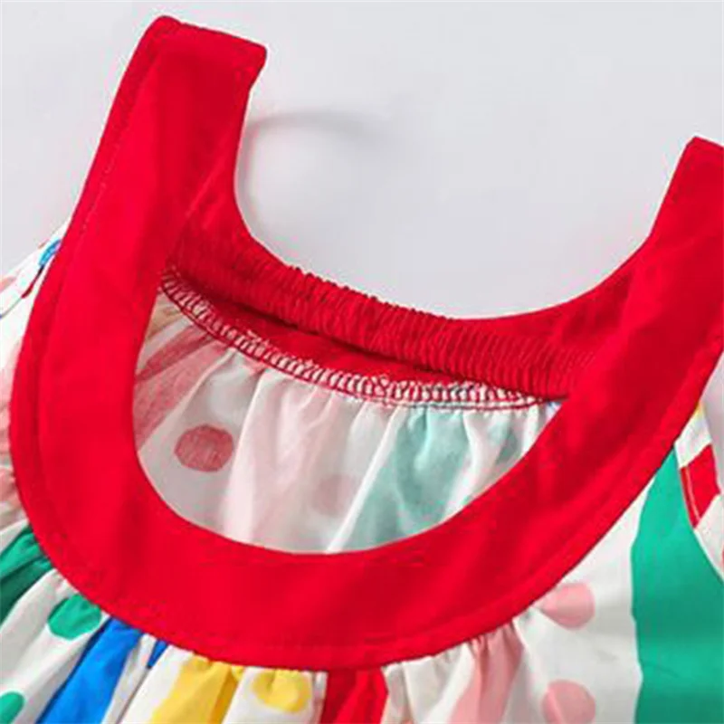 Fashionable Kids Girls Colorful Striped Polka Dot Sundress Sleeveless Summer Dress with Red Collar Children Soft Casual Costume 4