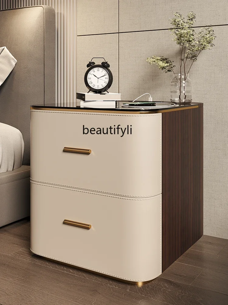

smt03 Italian Affordable Luxury Style Leather Bedside Table Modern Storage Cabinet Bedroom Solid Wood Glass Surface Locker