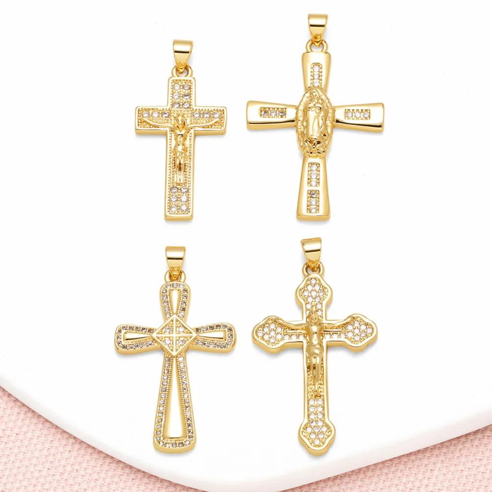 OCESRIO Big Jesus Virgin Mary Cross Pendant for Necklace Copper Gold Plated Crystal Crucifix Jewelry Making Supplies pdtb838