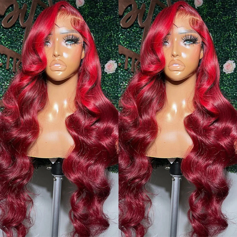 180% Body Wave 13x6 HD Lace Frontal Human Hair Wigs 30 34 36 Inch 13x4 99J Burgundy Red Colored Curly Lace Front Wigs For Women