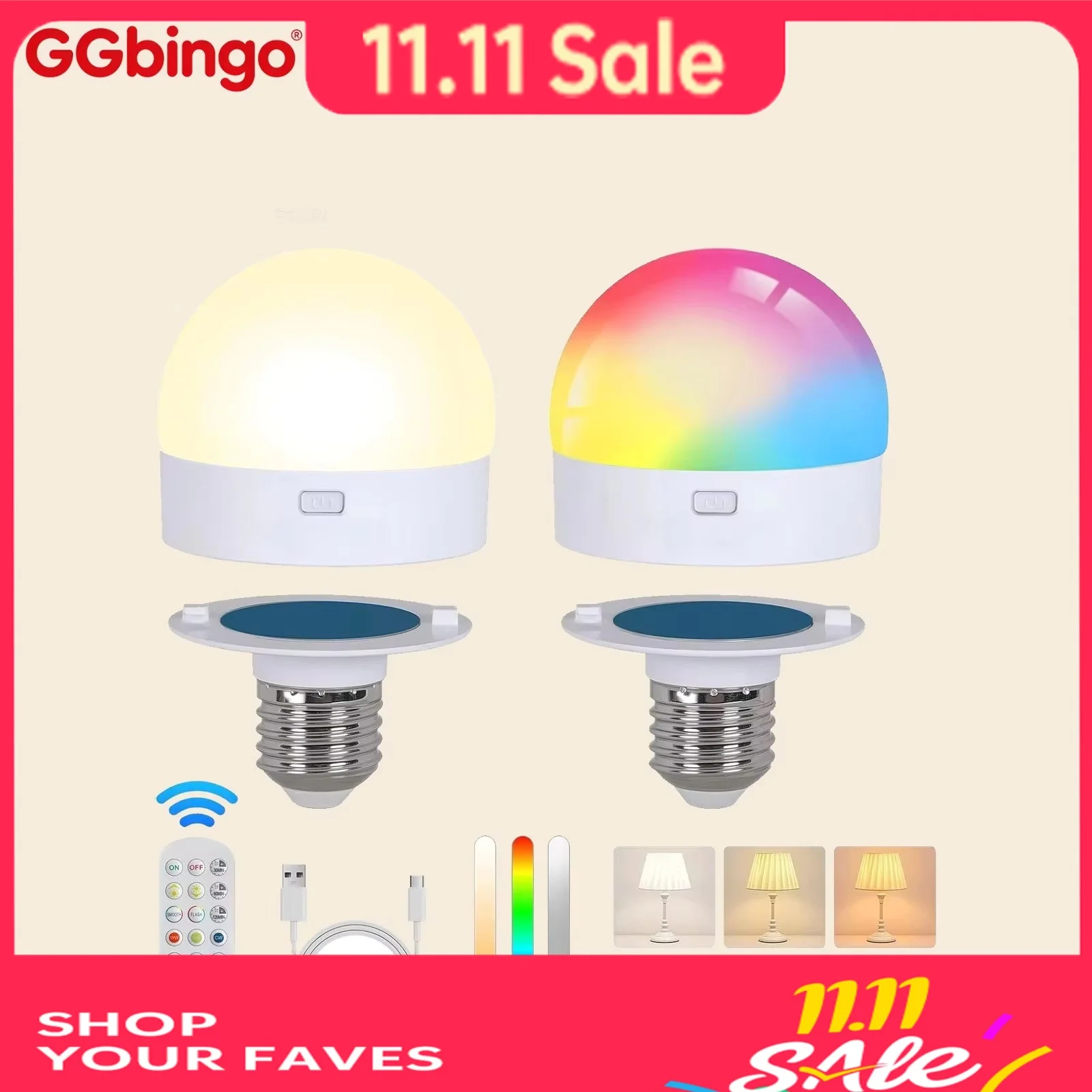 GGbingo Rechargeable LED Smart Bulb E27 with USB Control Color Temperature 15 Brightness Levels RGB Timer Function And Remote
