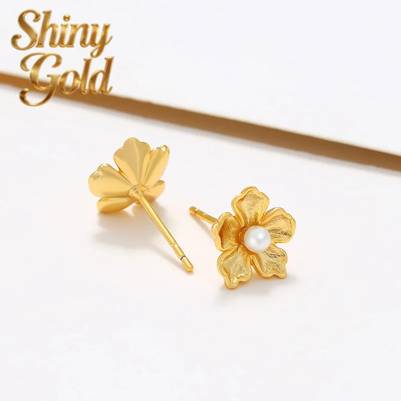 

ShinyGold Luxury 24K 9999 Pure Gold Real Gold Women's Pearl Flower Earrings French Vintage Stud Earrings
