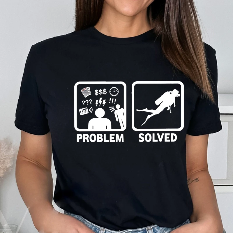 Funny Problem Solved Diving Graphic T-shirt Women Summer Clothes T Shirt Short Sleeve Solved Diving Graphic Shirt Clothing