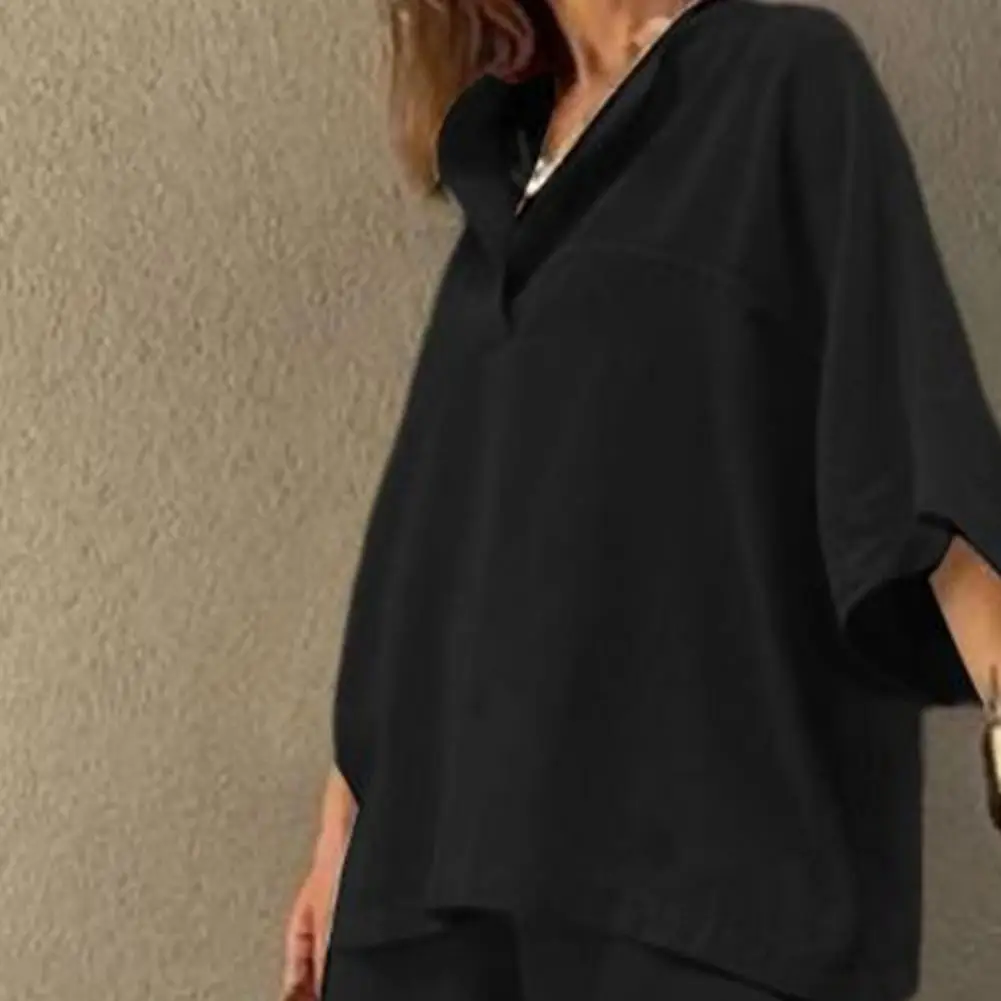 

Женский комплект из двух предметов: топ с рукавом до локтя и свободные брюки. Новинка 2026 года. Весенне-летний повседневный однотонный костюм. Свободный домашний комплект.