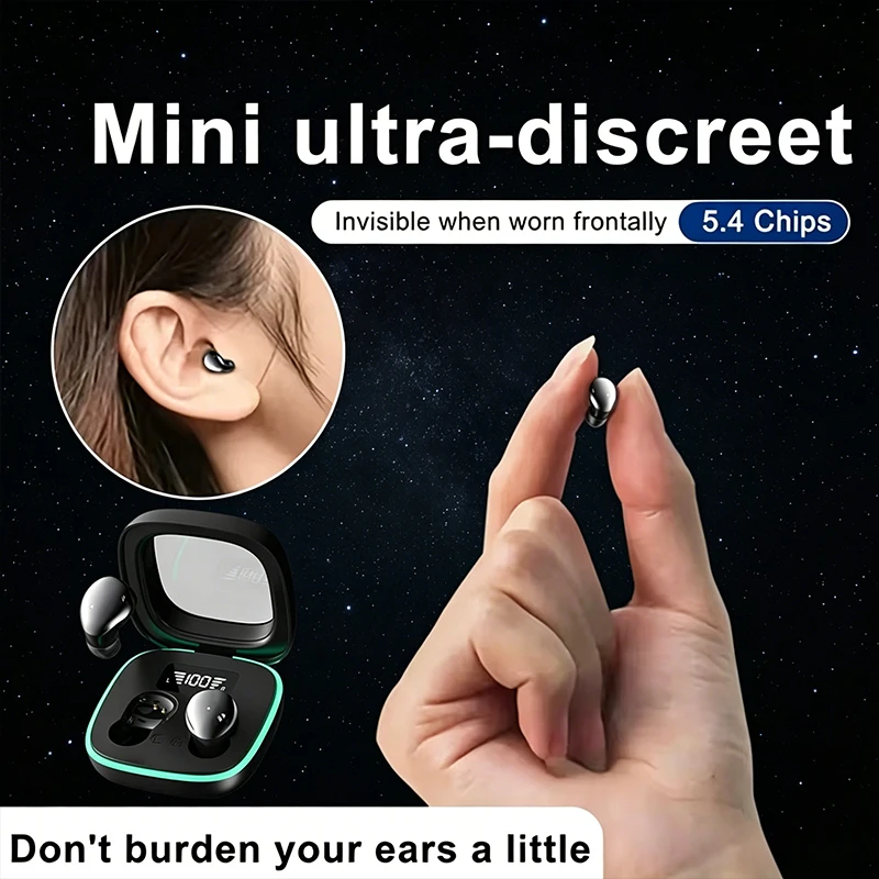 B51-Mini wireless headphones, equipped with HiFi surround sound and transparent charging case - stylish black,invisible design