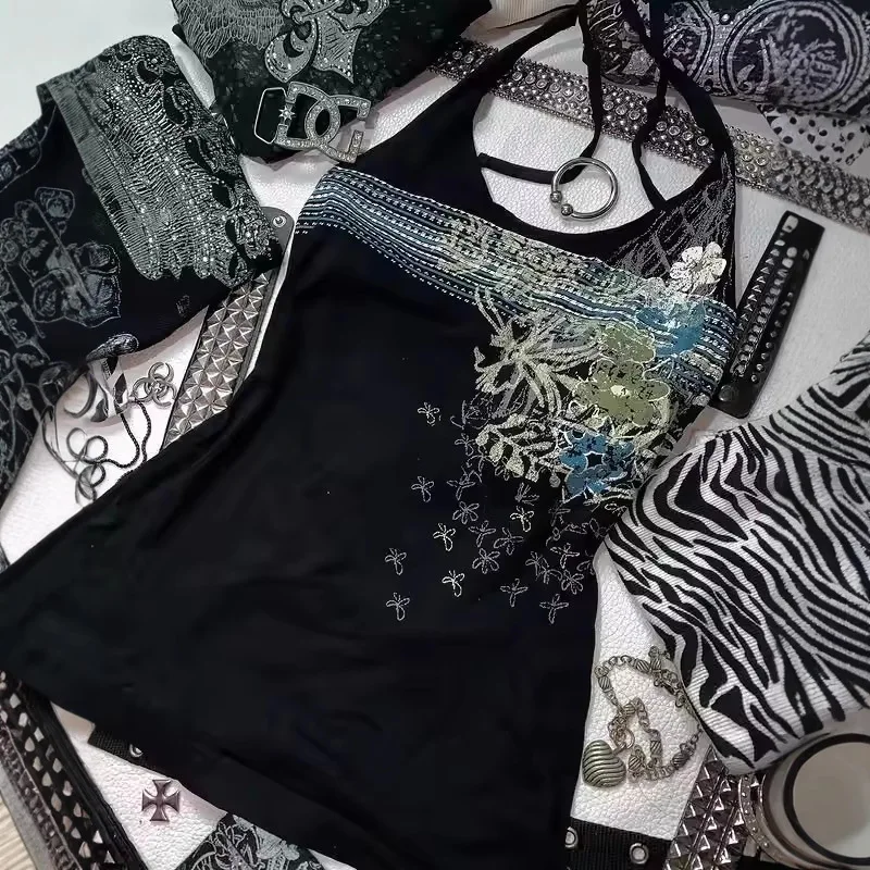 الصيف خمر القوطية مثير E-girl سليم الدبابات شخصية زهرة طباعة هوتي معلقة الرقبة أعلى اليابانية 2000s سترة المرأة السوداء