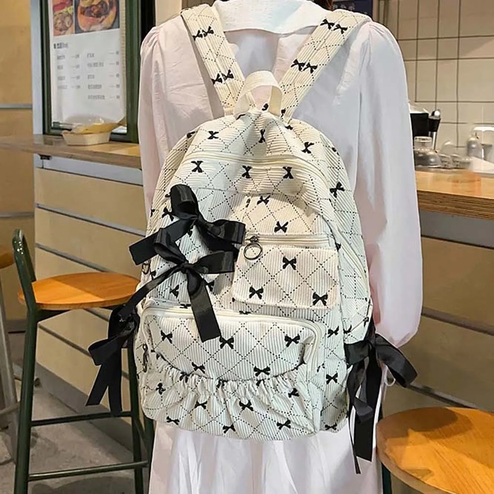 

Daypack Corduroy Bow Backpack Silk Design Casual Students School Bag Polyester Scratch Prevention Large Capacity Backpack Daily