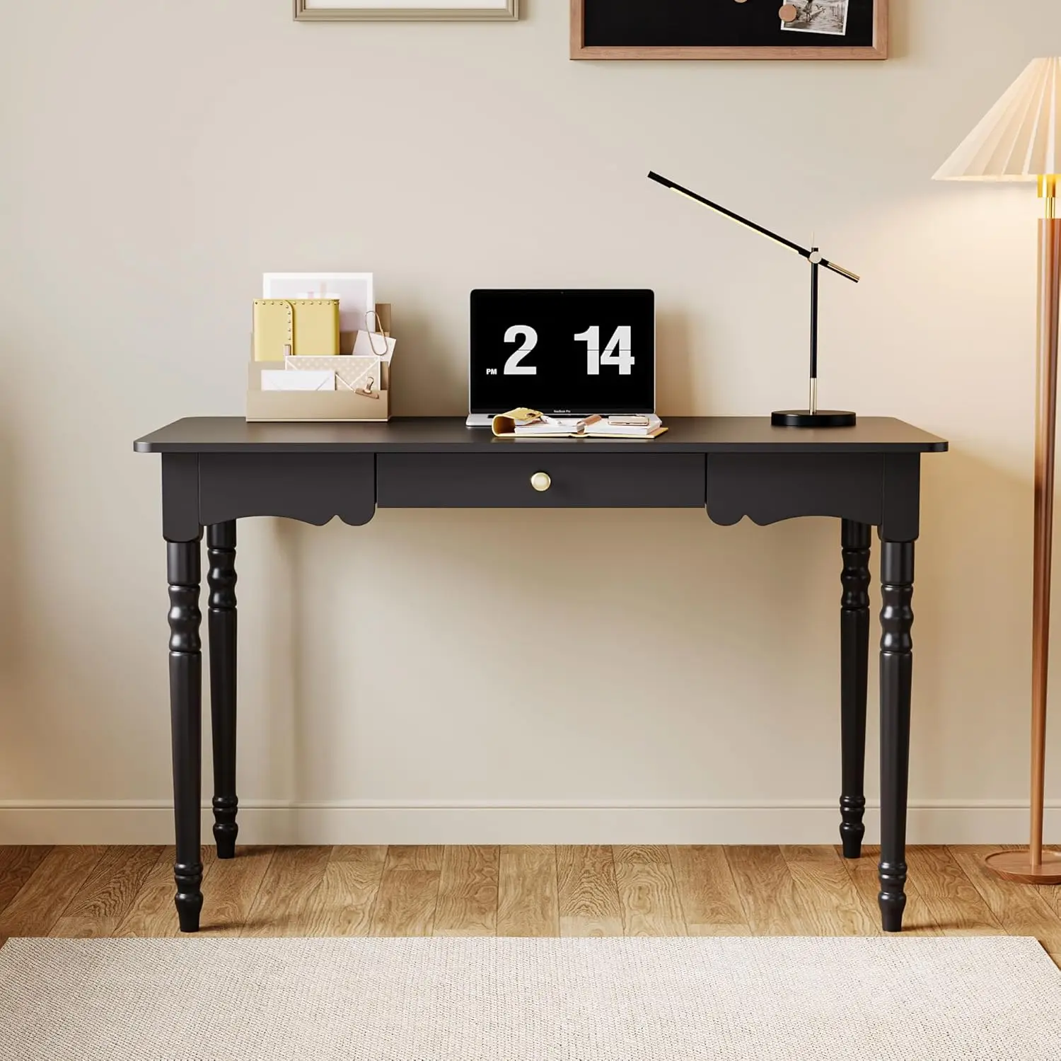 Escritorio para computadora de oficina en casa de 47,2 pulgadas de ancho con patas de madera maciza, mesa de escritura para estudio de escritorio de PC para juegos vintage con cajón, negro