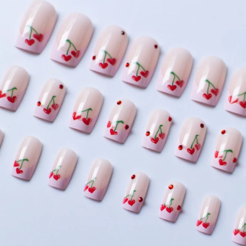 24pcs Square Short Cherry Heart Pink Press on Nails To Stick on French Tip Red Diamonds Medium Fake Nails with Glue False Nail