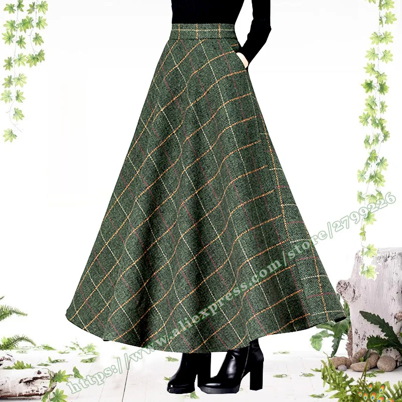 

2024 Winter Female Plus Size 7XL 8XL Green Plaid Vintage Retro Casual Elegant Thick Woolen A-line Ladies Long Skirts with Womens