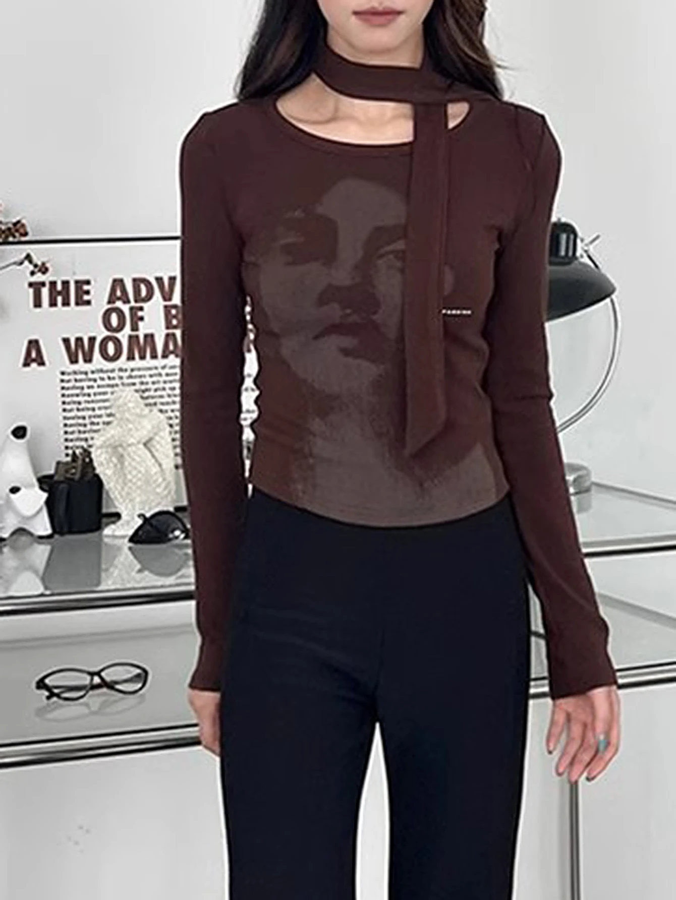 

Women's Autumn Long Sleeve T-Shirt Casual Graphic Print round Neck Skinny Fit Basic Top with Straps