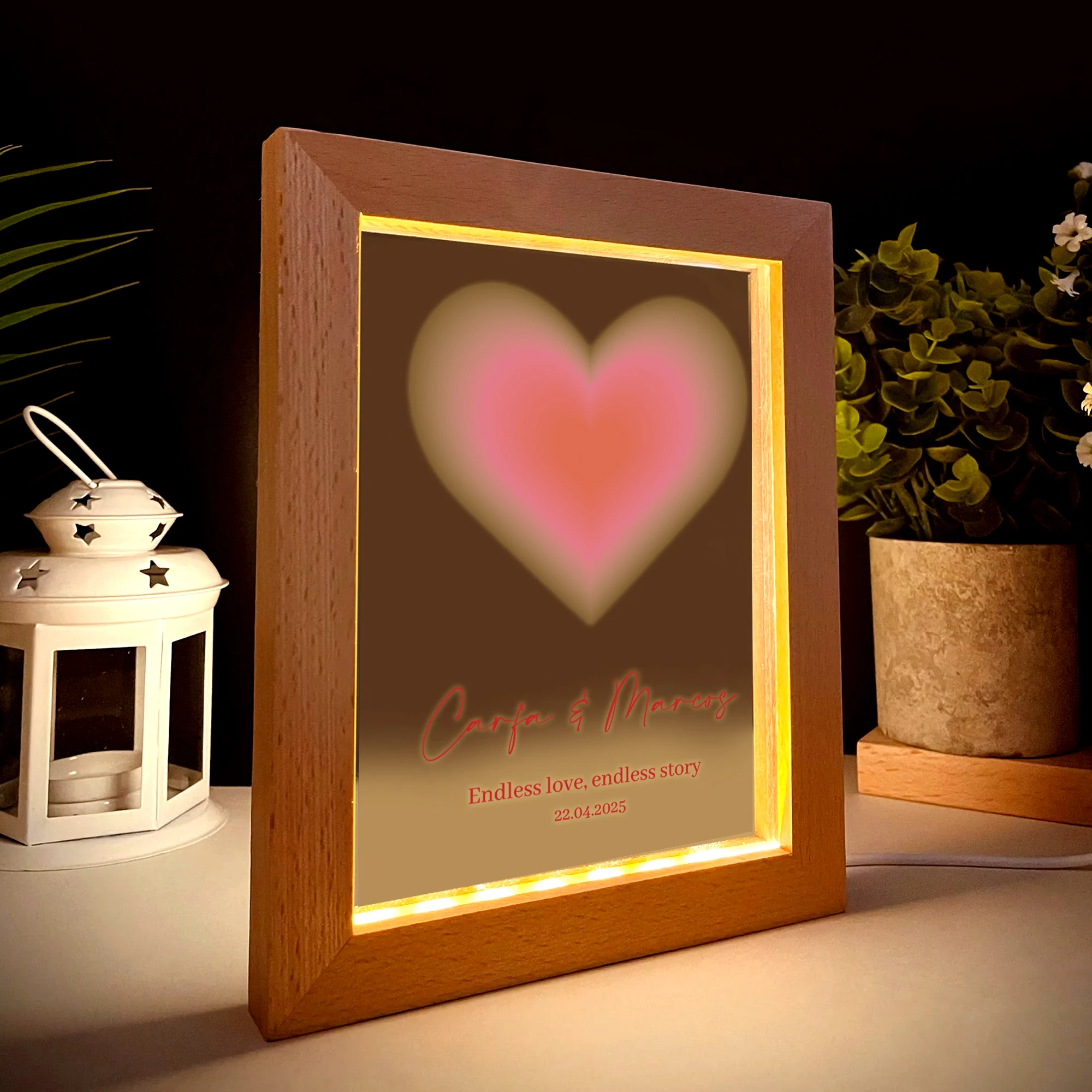 2D شقة مخصصة اسم الحب LED الاكريليك ضوء الليل إطار صور خشبي 21x17 سنتيمتر الكرتون الأطفال غرفة نوم الهدايا ديكور المنزل