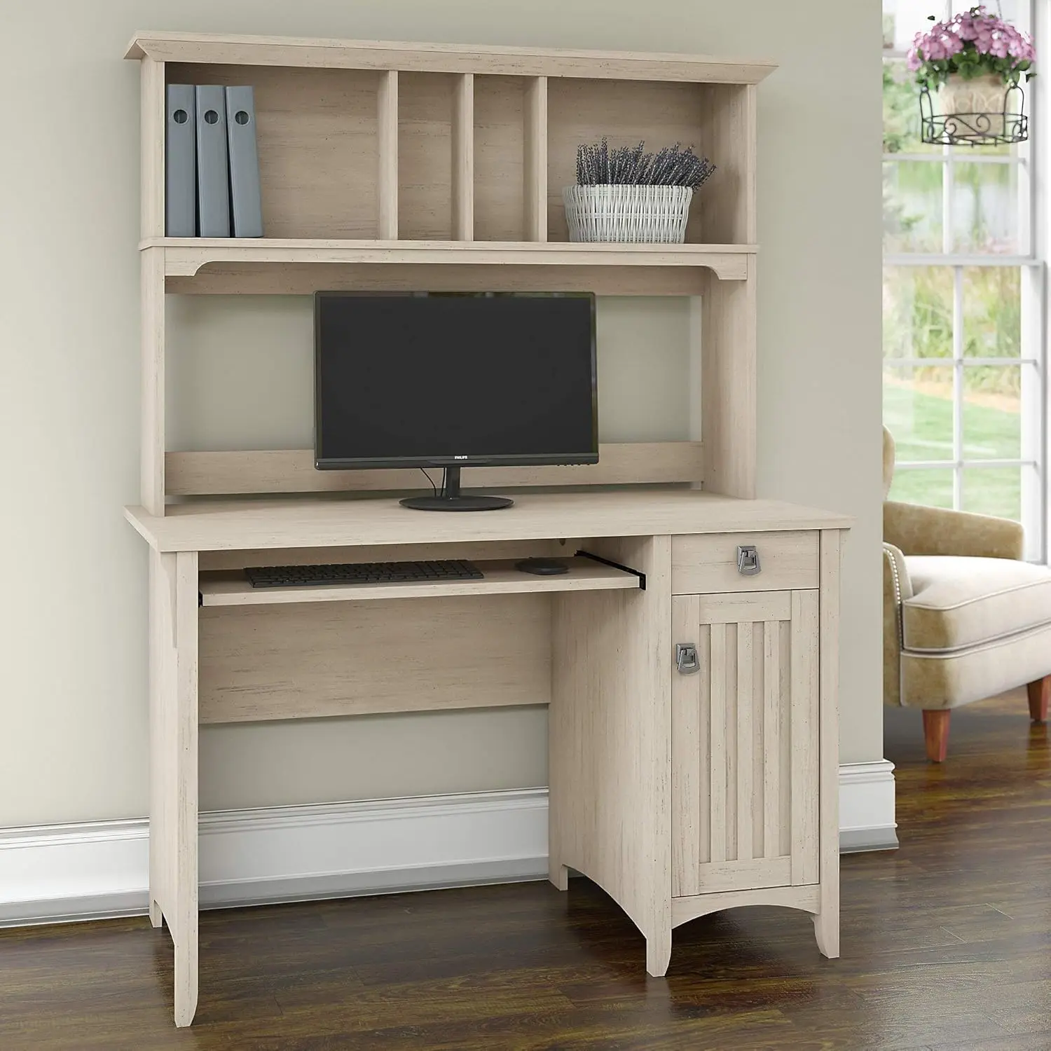 Small Computer Desk with Hutch in Antique White Desktop Includes Wire Management to Keep Your Work Area Free from Cords Cables