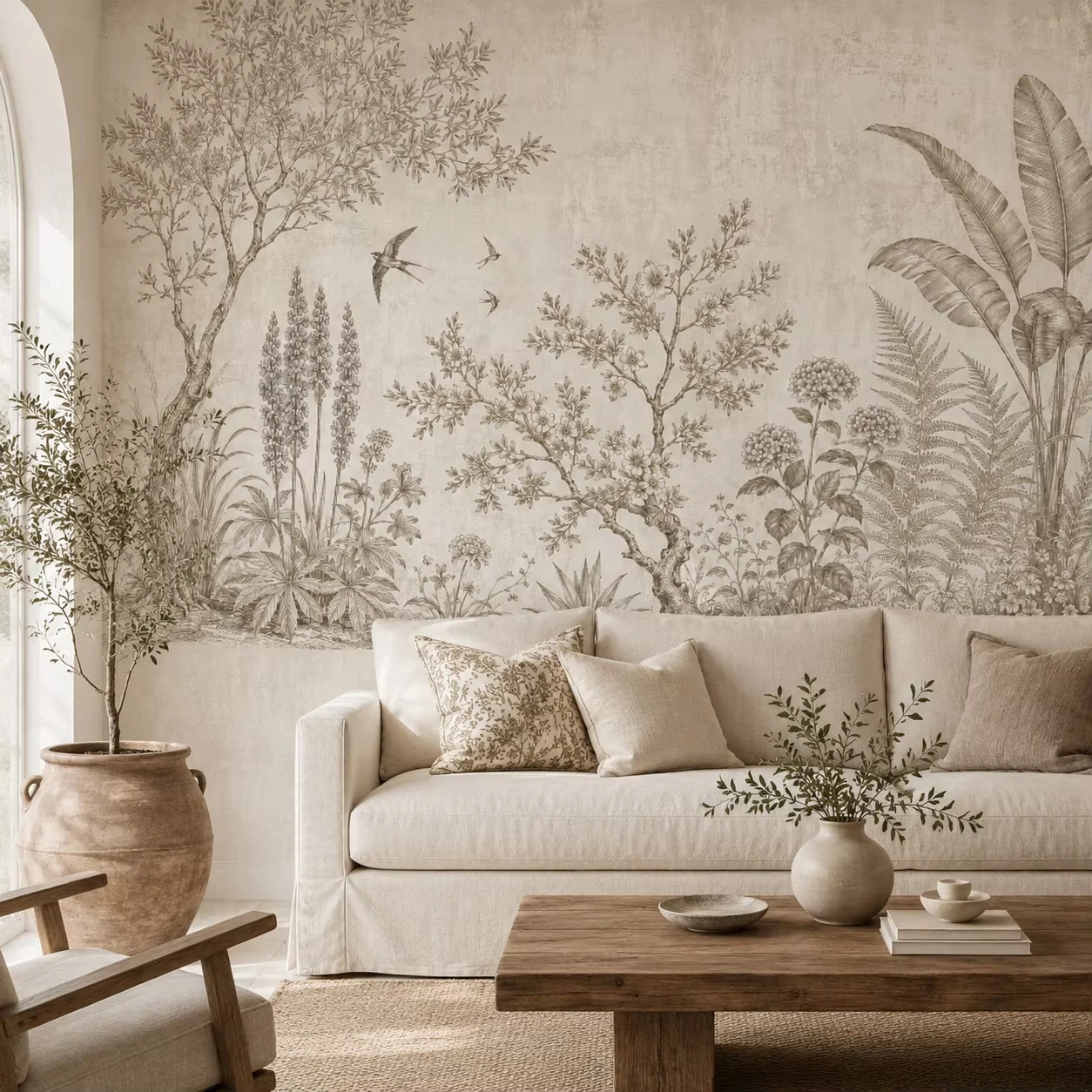 Customized Wallpaper Vintage Cream Colored Plant Tree Bird Leave Wall Mural Wallpaper Landscape Decor for Living Room Bedroom
