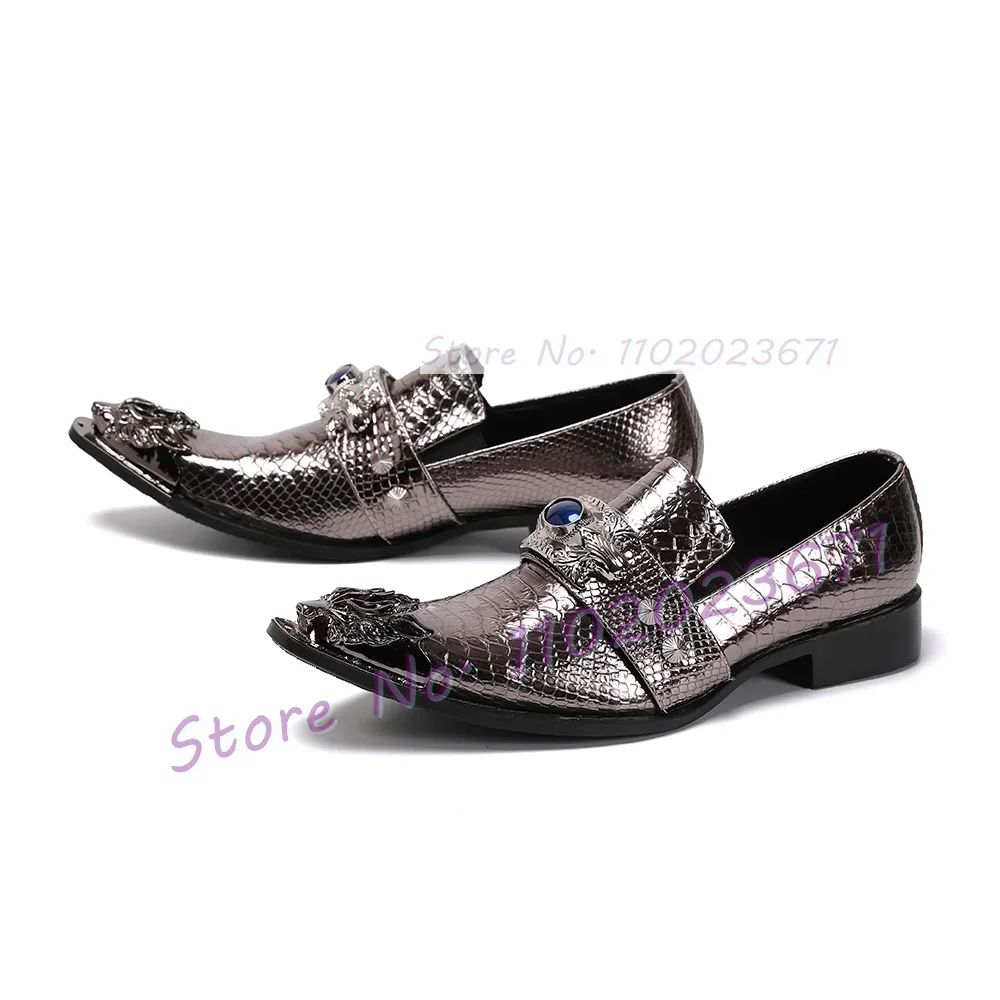 Gold Genuine Leather Oxford Men Shoes Luxury Print Metal Toe Fashion Loafers Gems Decor Retro Fashion Shiny Low Heel Boots
