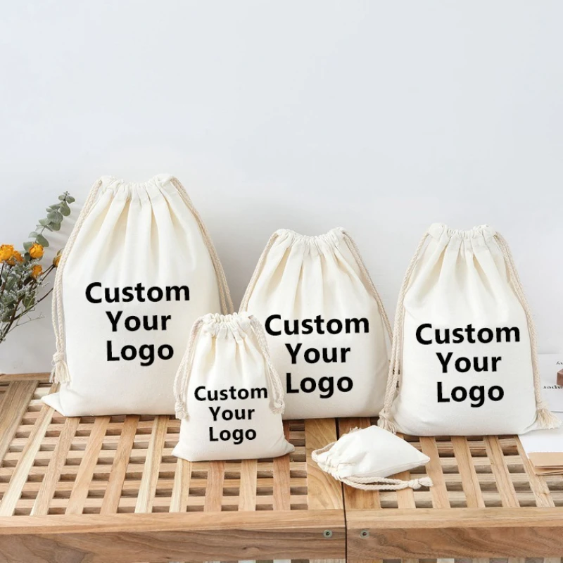 

10 Pcs/Lot Custom Logo Wedding Drawstring Bags Christmas Party Gift Package Small Cotton Pouches Home Kitchen Organize Sacks
