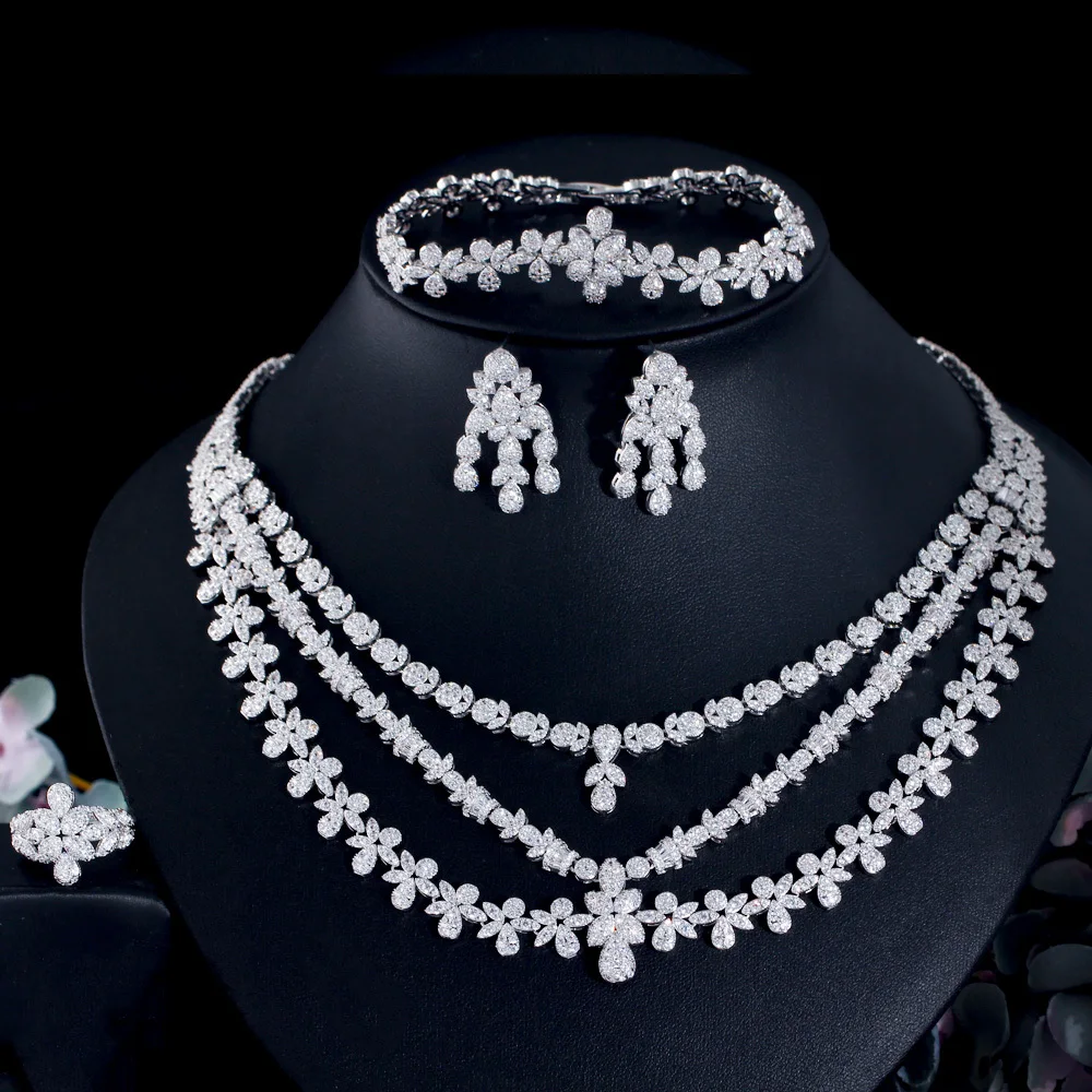 

BeaQueen великолепные многослойные блестящие CZ листья цветок ожерелье серьги 4 шт. комплекты свадебные украшения для помолвки для женщин JS355