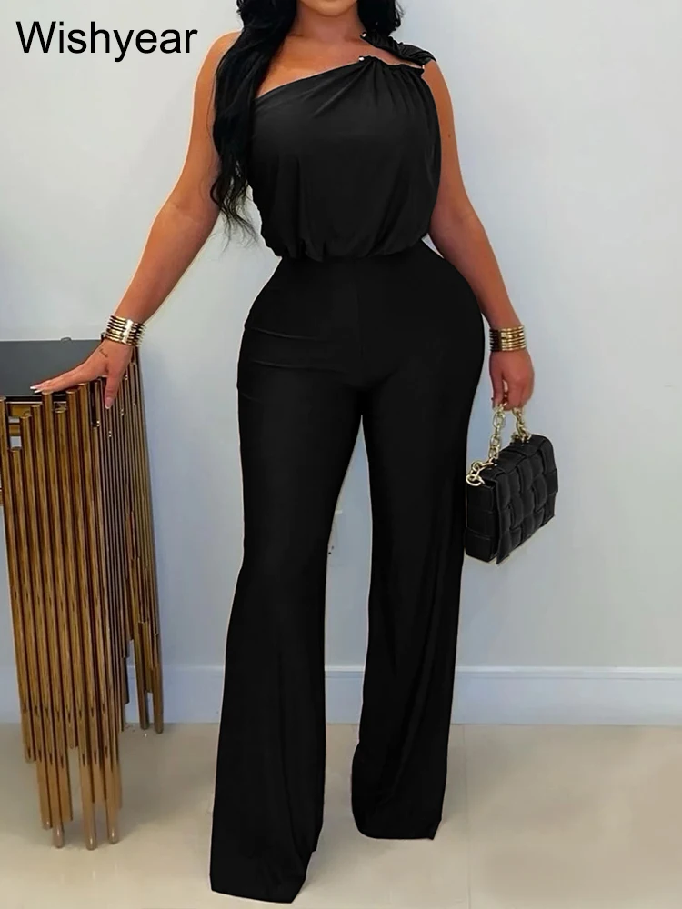 Wishyear Tute aderenti da sera sexy Donna Nero Off Showlder Pagliaccetti patchwork con fibbia in metallo Streetwear Tuta intera