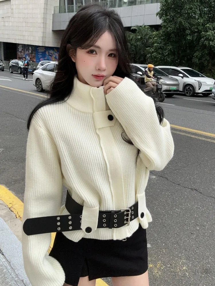 

Korean Style Knitted Zipper Coat Belted Long Sleeve Stand Collar Fashionable Personality Top for Women Autumn Winter Wear