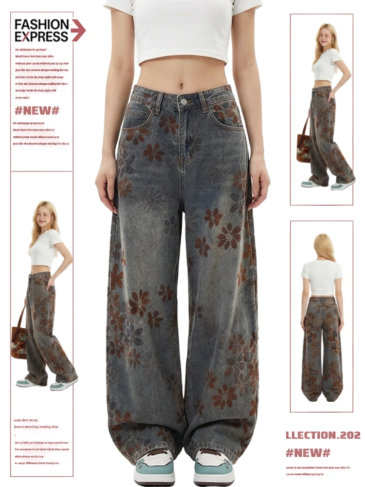 

Retro American Women's Wide Leg Jeans Spring Autumn Denim Embroidery Loose Lazy Feelings Knife Pants Casual High Waist ket