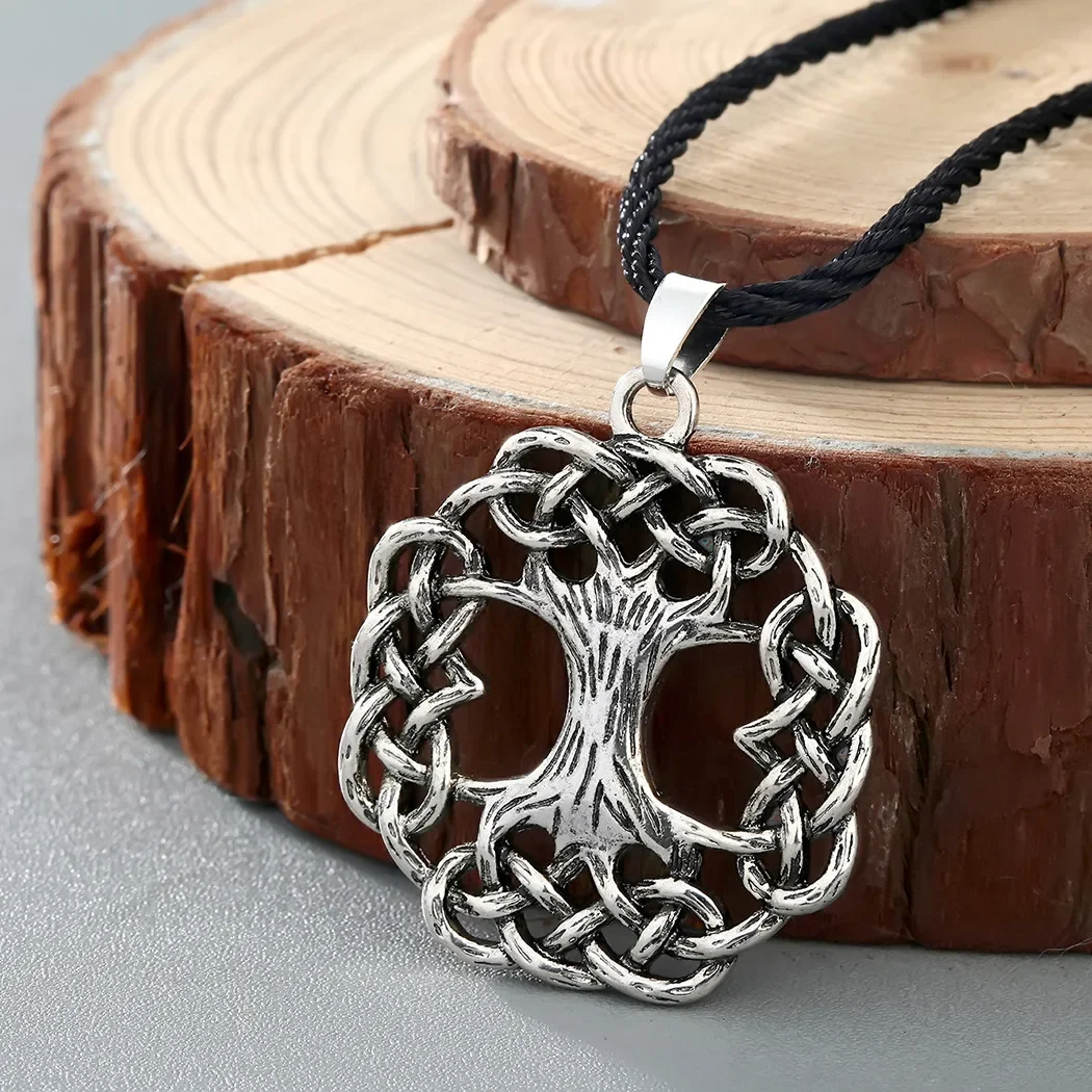 Retro Slavic Tree of Life Pendant Leather Rope Chain Necklace Men's Personalized Fashion Ethnic Style Alternative Trend Jewelry