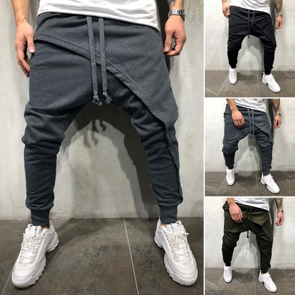 

Men Harem Pants Ankle Tied Hip Hop Double Layer Running Baggy Pants Korean Casual Elastic Waist Trousers Sweatpants Tracksuits