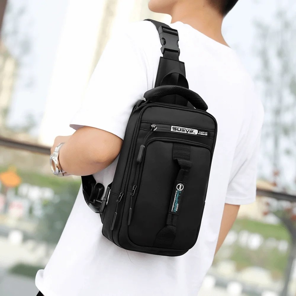 

All-Match Multi Pockets Men Chest Bag Nylon Multifunction Sports Shoulder Bag USB Charging Zipper Crossbody Bag Travel