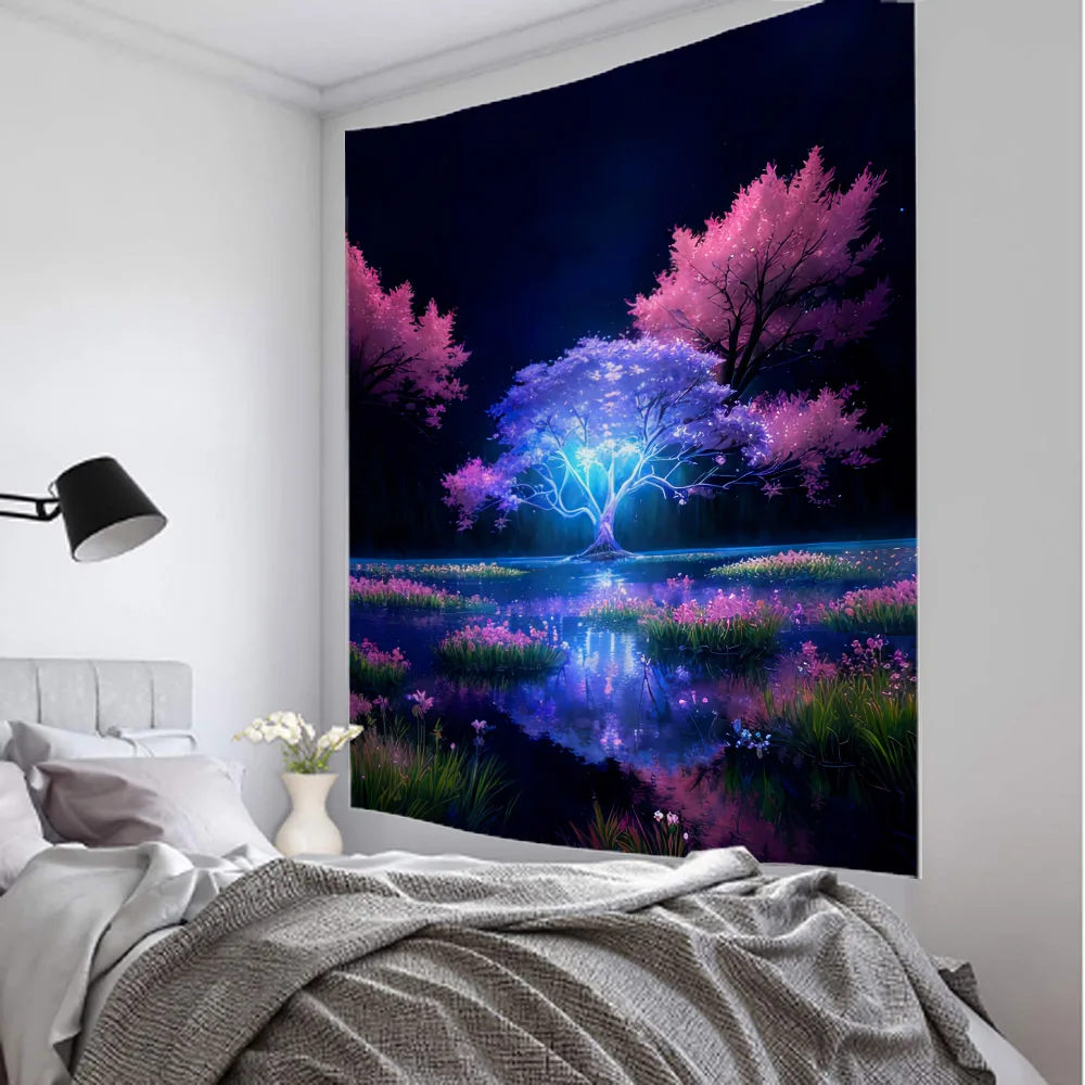 Psychedelic tree tapestry starry sky fantasy art wall hanging hippie wall decoration home background fabric dormitory bed sheets