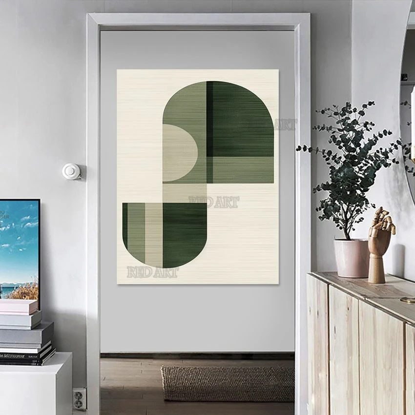 

Decorative Geometric Patterns Canvas Wall Poster, 100% Hand-painted Abstract, Green and White Acrylic Painting, Hotel Room