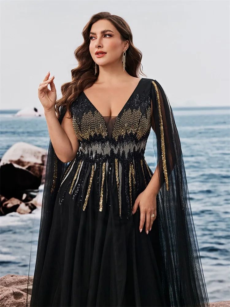 XUIBOL Luxury Floor-standing sleeves Sequins Evening Dresses Women V-neck Formal Wedding Party Cocktail Gowns Vestidos