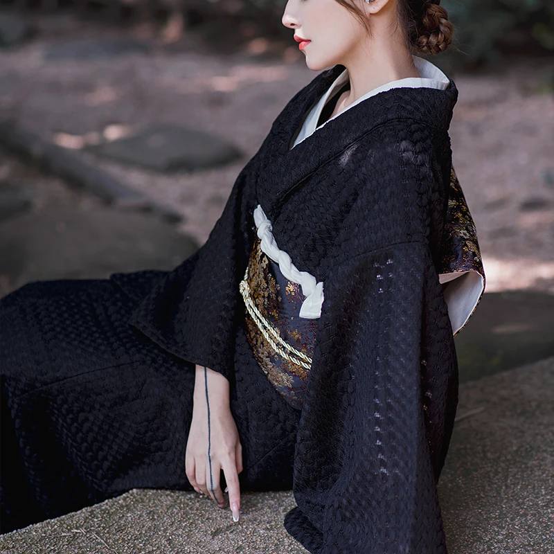 Kimono Tradisional Jepang Wanita Gaun Renda Hitam Wanita Gaya Retro Pakaian Fotografi Yukata Formal Klasik Pakaian Panggung